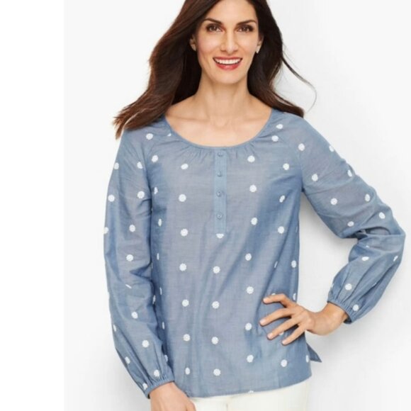 Talbots Women’s L Petite Chambray Popover Top Embroidered Daisy Long Sleeve - Picture 2 of 11